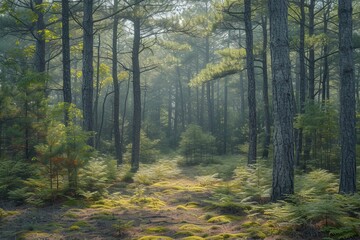 Fototapeta premium Sunlight shining through the trees in a dense green forest