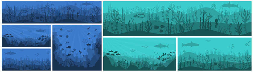 Fototapeta na wymiar Underwater cartoon flat background with fish, sea water, corals. Ocean sea life, cute design. here is an illustration