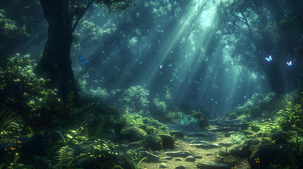 Obraz premium Light transmits through the trees in the forest.