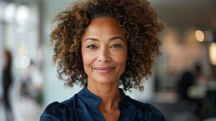 Corporate Leader with Curly Hair. Confident mature woman with curly hair in a navy blue blouse, smiling in a modern office setting. - obrazy, fototapety, plakaty