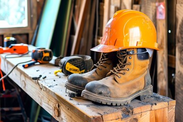 boots with hard hat placed on top at a workbench - obrazy, fototapety, plakaty