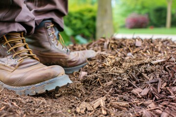 landscape gardeners boots beside a pile of mulch