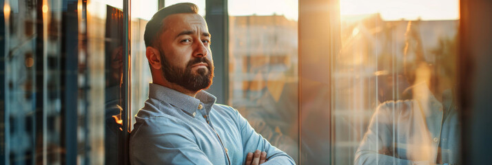 Thoughtful Business Executive Contemplating at Sunset. Bearded businessman in contemplation, gazing through office window with a reflective expression during golden hour.