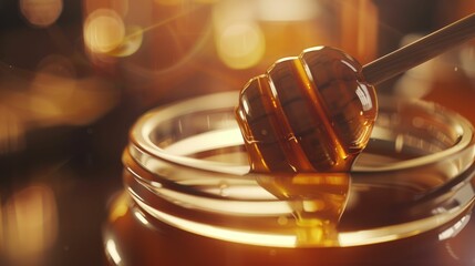 Golden Honey Dripping from Dipper onto Jar in Warm Light - obrazy, fototapety, plakaty