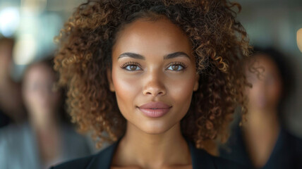 Professional Elegance and Natural Beauty. A poised young professional woman stands confidently with a gentle smile, her curly hair framing a naturally beautiful face marked with charming freckles. - obrazy, fototapety, plakaty