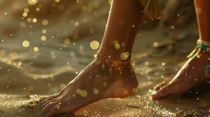 A sunlit, close-up view of a woman's adorned foot on the sandy beach, capturing the glitter from...