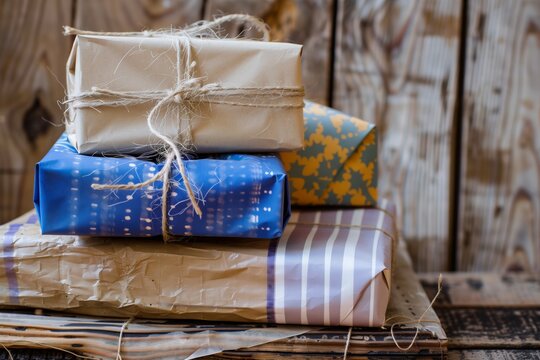 stack of gifts in assorted papers tied with twine