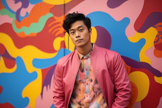 Asian Man Standing in Front of Colorful Wall Generative AI