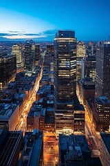 A bird's eye view of Montreal's downtown skyscrapers at night