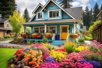 Colorful flowers in front of a blue house