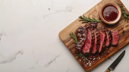 Sliced flank steak cooked medium on a charcoal grill on a light background. Top view - obrazy, fototapety, plakaty