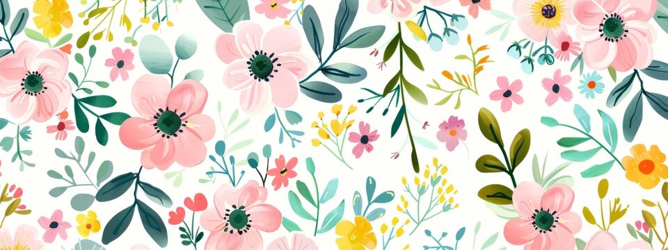 Cute pastel spring floral pattern with small flowers and leaves on a white background Generative AI