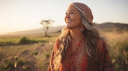 portrait of a smiling woman wearing a headscarf in a field - obrazy, fototapety, plakaty