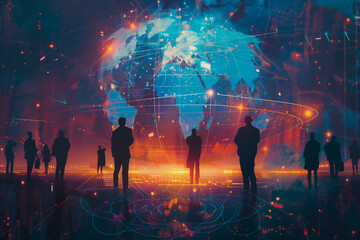 A global network visualization connecting businessmen around the world, symbolizing deals made over signals and data, with a backdrop of future technology.