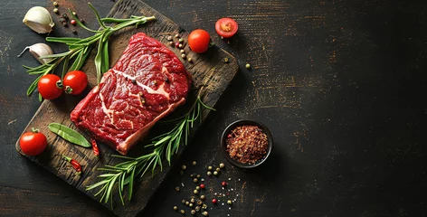 Foto op Plexiglas Raw, flap or flank, also known Bavette steak near butcher knife with pink pepper and rosemary © Vasiliy