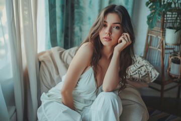 Obraz premium Woman with casual clothes is relaxing sitting and sleeping on a sofa in a living room in safezone comfortable area. Generative AI.