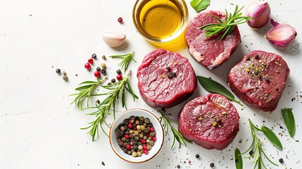 Raw beef filet Mignon steak on a wooden Board with pepper and salt, black Angus marbled meat