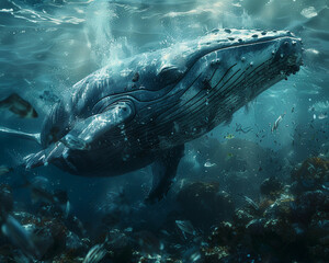 Whale, plastic pollution, deep sea expedition, underwater scene, stormy weather, 3D render, backlights, chromatic aberration