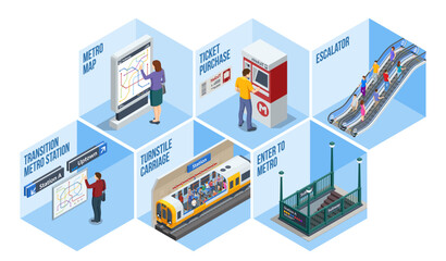 Isometric set Subway Elements. Turnstile ticket check, Enter to Metro, Escalator, Ticket purchase, Metro-carriage, Transition metro station, Metro-station, Metro-Tunnel