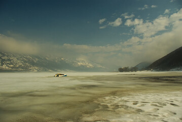 Winter view of the frozen Lake Matese, Campania, Italy
