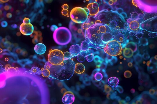 Microscopic view of hormone molecules, neon highlights, black setting, scientific detail