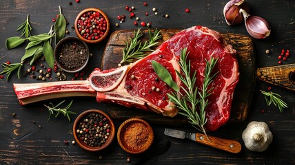 raw Tomahawk steak on wooden background with spices for grilling - obrazy, fototapety, plakaty