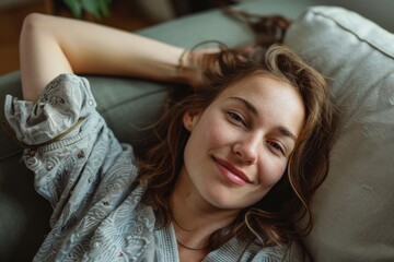 Naklejka premium Woman with casual clothes is relaxing sitting and sleeping on a sofa in a living room in safezone comfortable area. Generative AI.