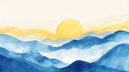 A serene sunrise over layered blue mountains, watercolor artwork perfect for calming spaces..
