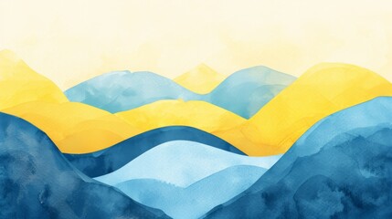 Vibrant watercolor landscape of rolling hills in shades of blue and yellow..