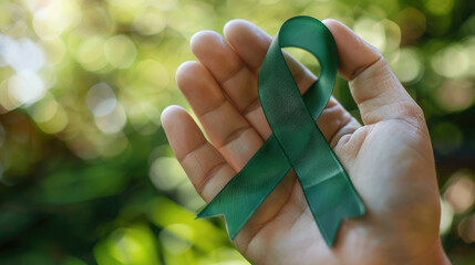 Mental health awareness week background - green ribbon in a hand with bokeh background