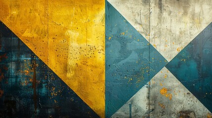 Vivid abstract grunge artwork with a geometric pattern in yellow, blue, and gray..