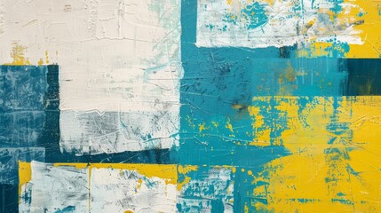 A bold abstract art piece with vibrant yellow and teal, featuring layered paint textures..