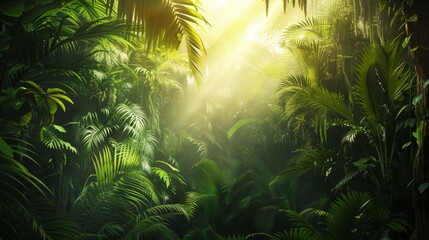 Exotic tropical forest  lush palm leaves and trees in a wild jungle   nature panorama wallpaper