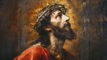 Classic portrait of Jesus with the crown of thorns, reflecting solemnity and grace, Scene illustration , Realistic painting