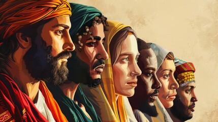 Fototapeta premium Diverse faces of Jesus, showcasing him in various ethnicities to reflect global belief, Scene illustration , Realistic painting
