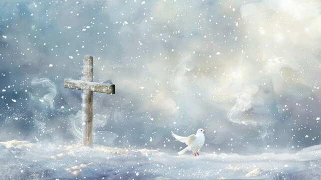 Cross and dove against a snowy backdrop, merging Christmas joy with the peace of Jesus, Scene illustration , Realistic painting