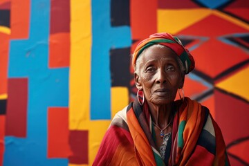 Elderly Woman Standing in Front of Colorful Wall Generative AI