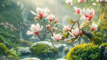 Bathed in gentle sunlight, magnolia's pink blossoms offer a serene display of spring's delicate beauty, ideal for content that celebrates nature's beauty and rejuvenation