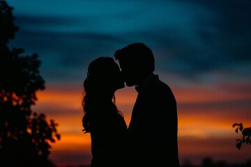 A couple embraced in a kiss against the backdrop of a stunning sunset