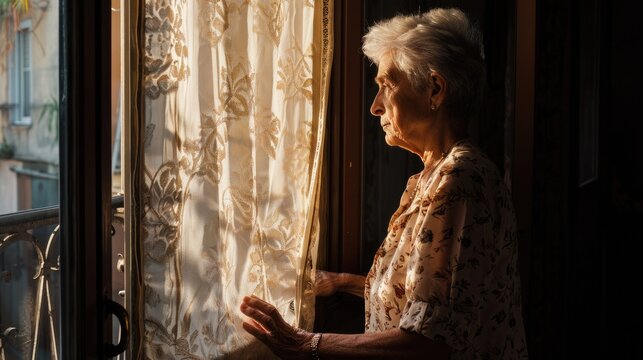 alone senior woman stands by a window