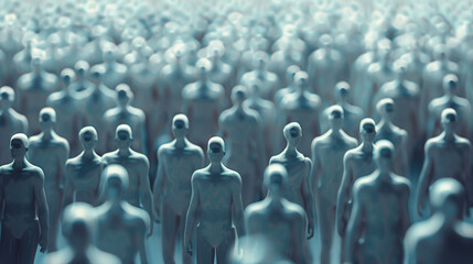An arrangement of multiple identical figures with textured grey skin, creating a strong instance of crowd or collective under artificial lighting, suggesting uniformity and conformity - obrazy, fototapety, plakaty
