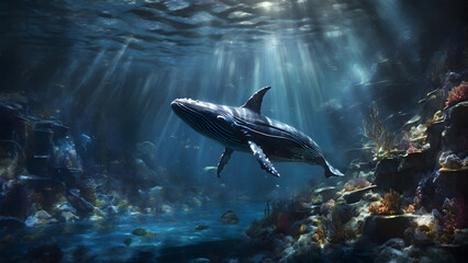 Fototapeta premium A majestic whale is swimming gracefully amidst a vibrant coral reef with lively marine life and stunning underwater beauty.
