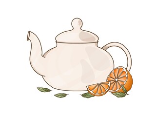 Ceramic teapot with mint orange hot tea. Line art illustration of hot drink. 