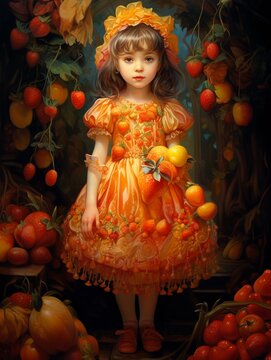 Fairy child in fullbody shot, garbed in a fruitladen dress with strawberries and oranges, apples as accents, yellow eyes glowing 