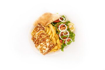 Hallumi with french fries and salad