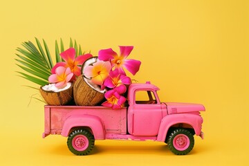 bright pink toy truck full of open coconuts and exotic flowers on a bright yellow background