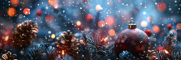 Winter holiday background with Christmas bauble and pine cones.