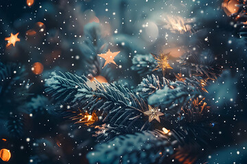 Snowy pine branches with glowing star ornaments. - obrazy, fototapety, plakaty