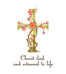 Religious gold cross and floral elements. Jesus cross, flowers and thorns, creative design. Greeting card concept. Christian symbol of death and life. Easter Sunday celebration. Isolated design.