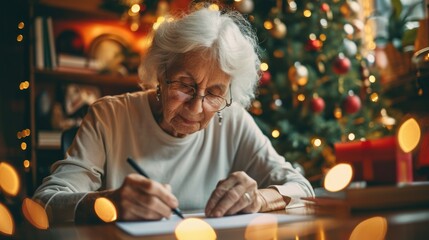senior woman, she write a letter to Santa, minimalistic Christmas decoration on background
